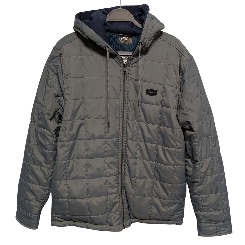 O'Neill Reversible Jacket Large Grey Glacier Hood Superfleece Quilted Puffer